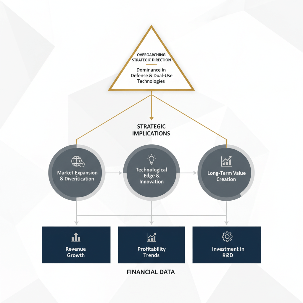 Infographic depicting Anduril's financial strategy through a layered framework of interconnected geometric shapes, showing financial data leading to strategic implications, in a minimalist style with metallic accents.